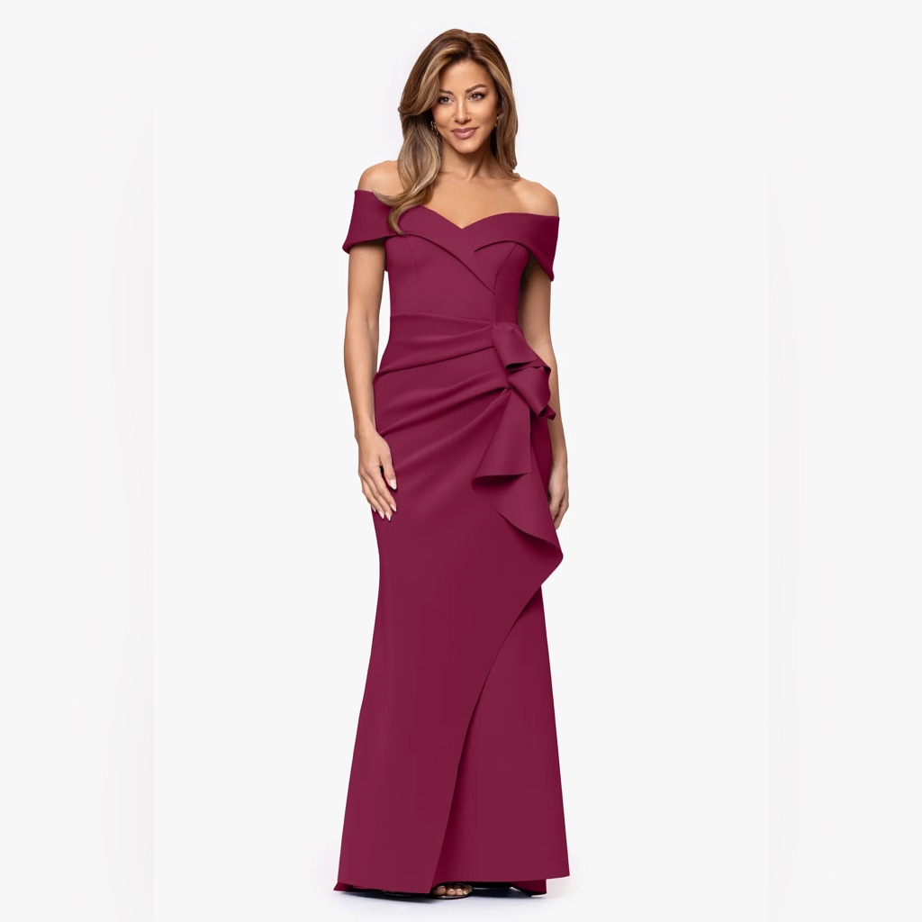 Xscape Off-Shoulder Ruffle Maxi Dress In Berry